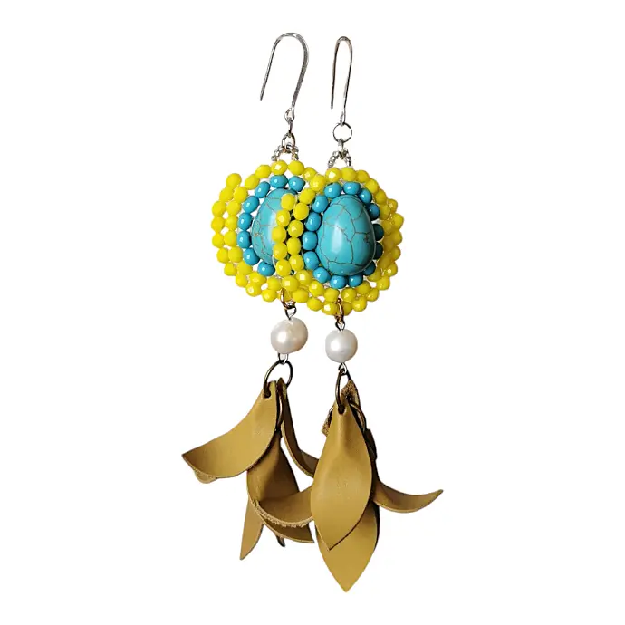 Yellow & Turquoise leather tassels 