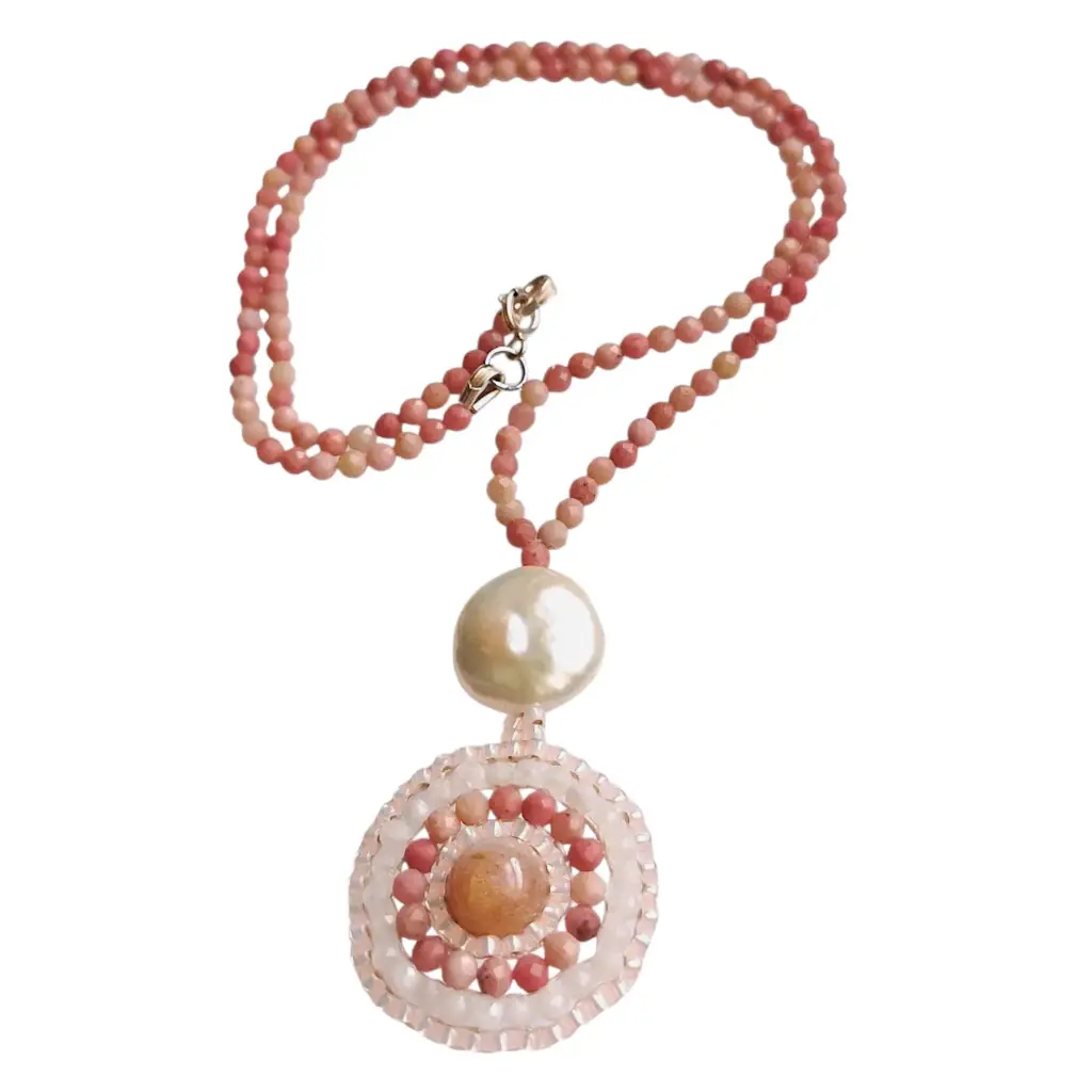 Moonstone, Rihodochrosite & Baroque pearl necklace