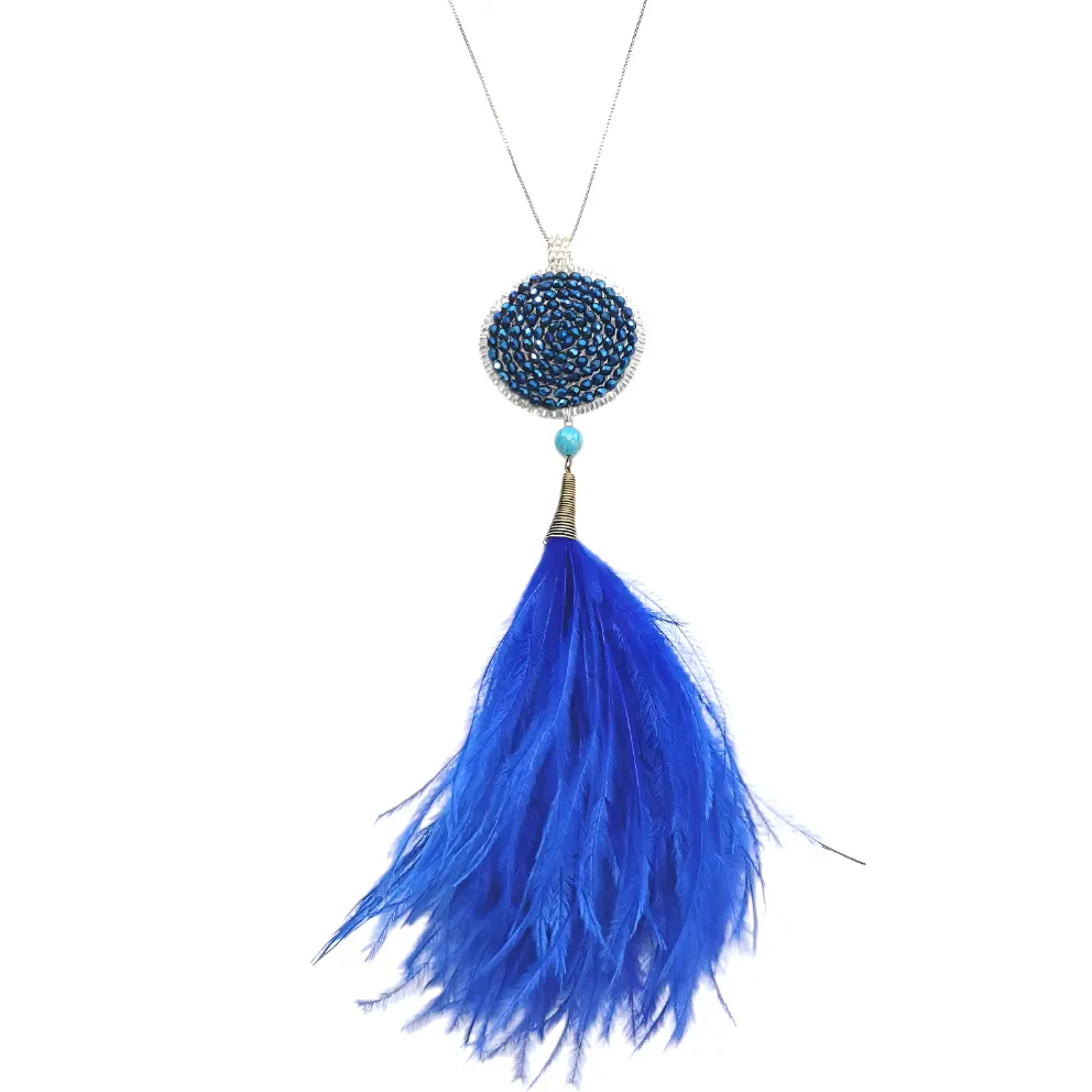 Royal blue crystal ostrich feather necklace