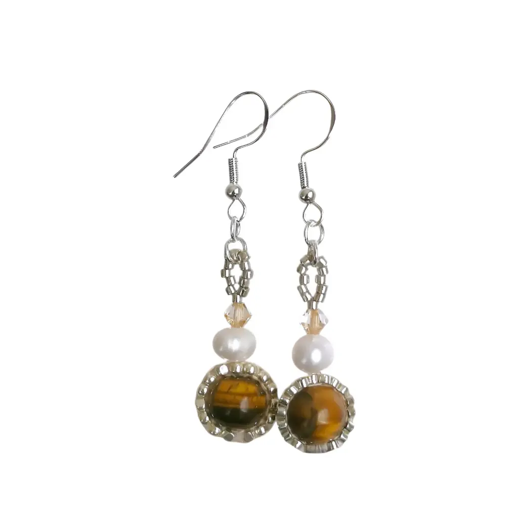 Pearl, Swarovski & Tiger's Eye Earrings