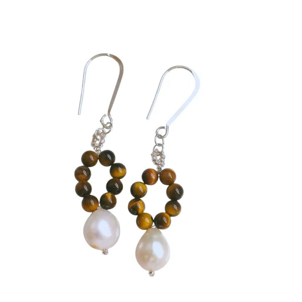Elegant Freshwater Pearl & Tiger's eye Earrings
