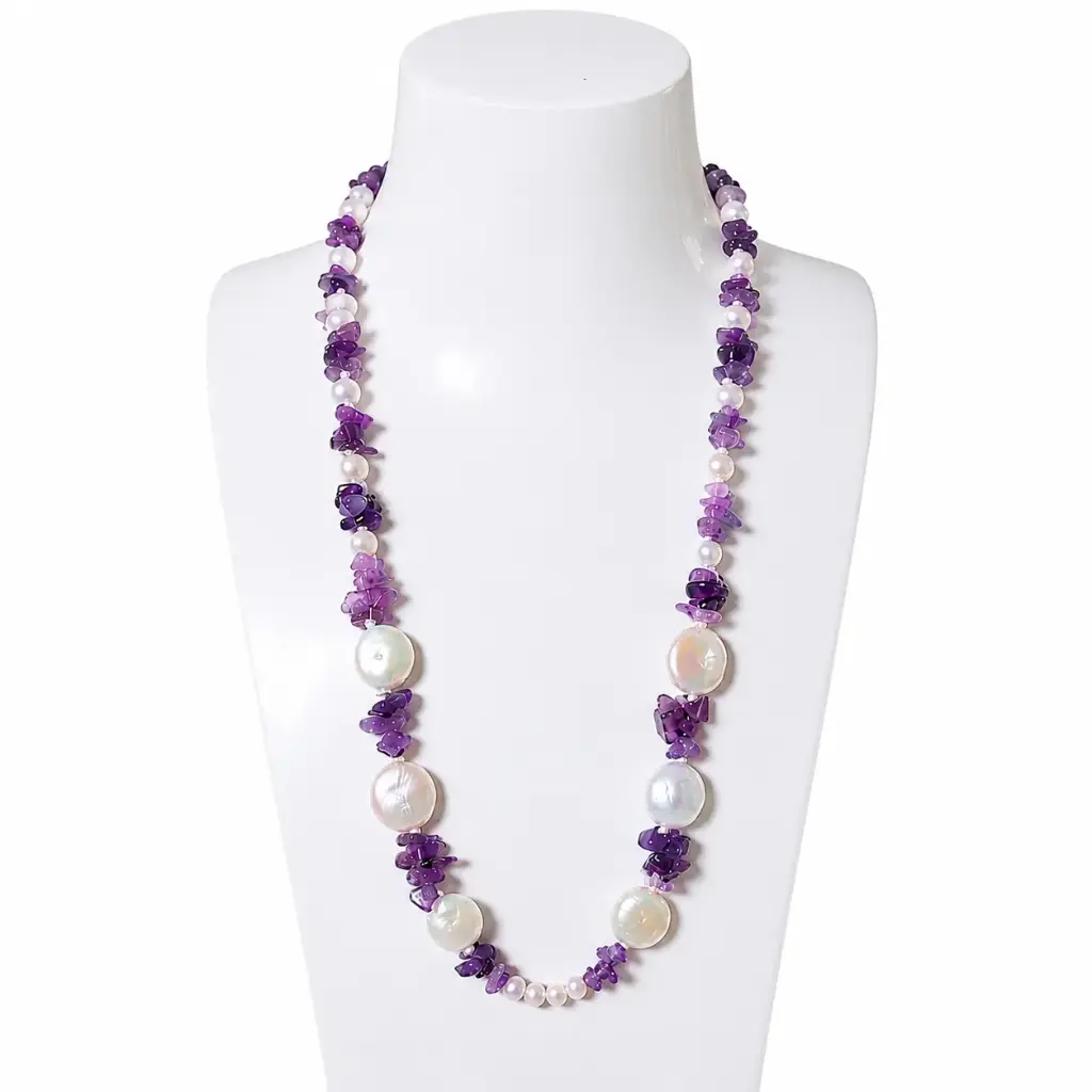 Knotted Amethyst Stone & Pearl Necklace