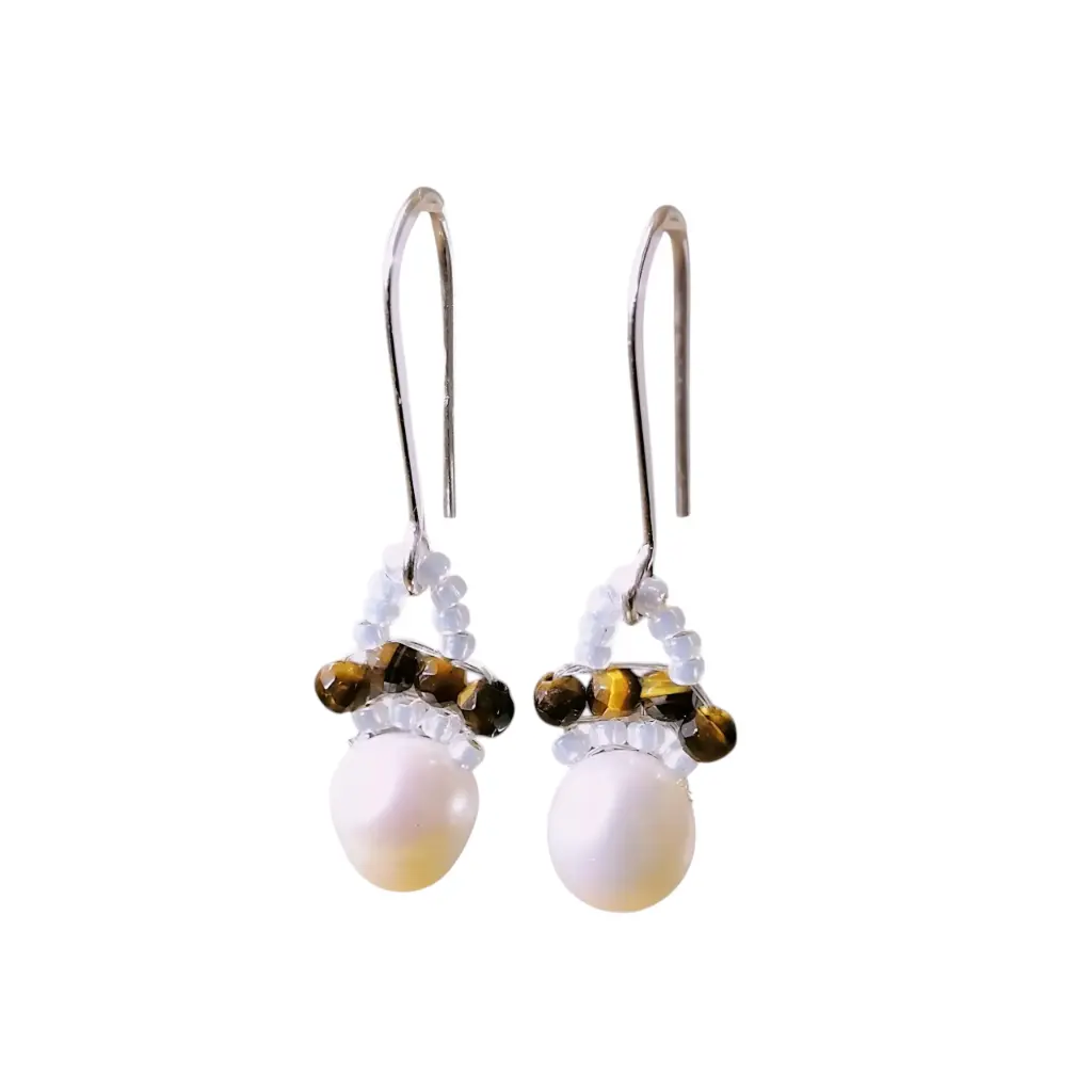 Freshwater Pearl & Tiger's Eye Earrings