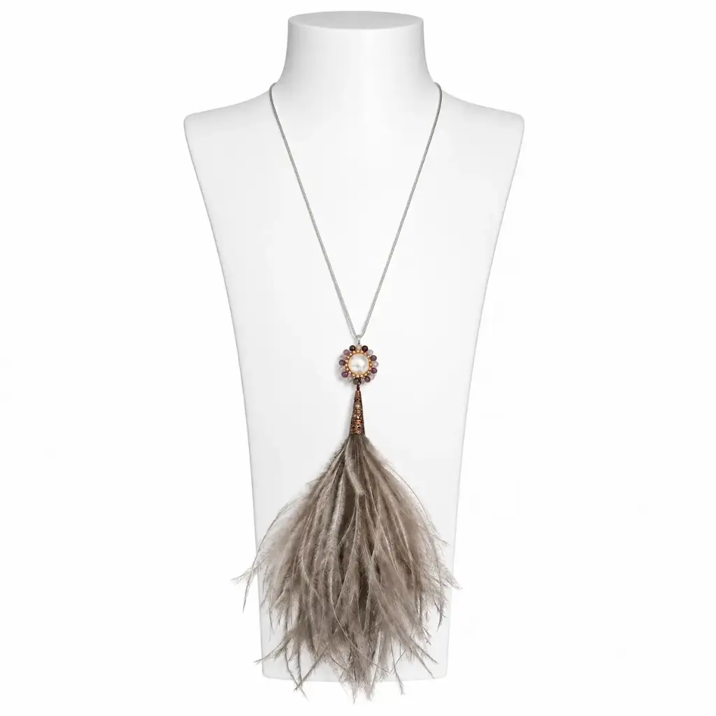 Grey Ostrich feather & gemstone necklace