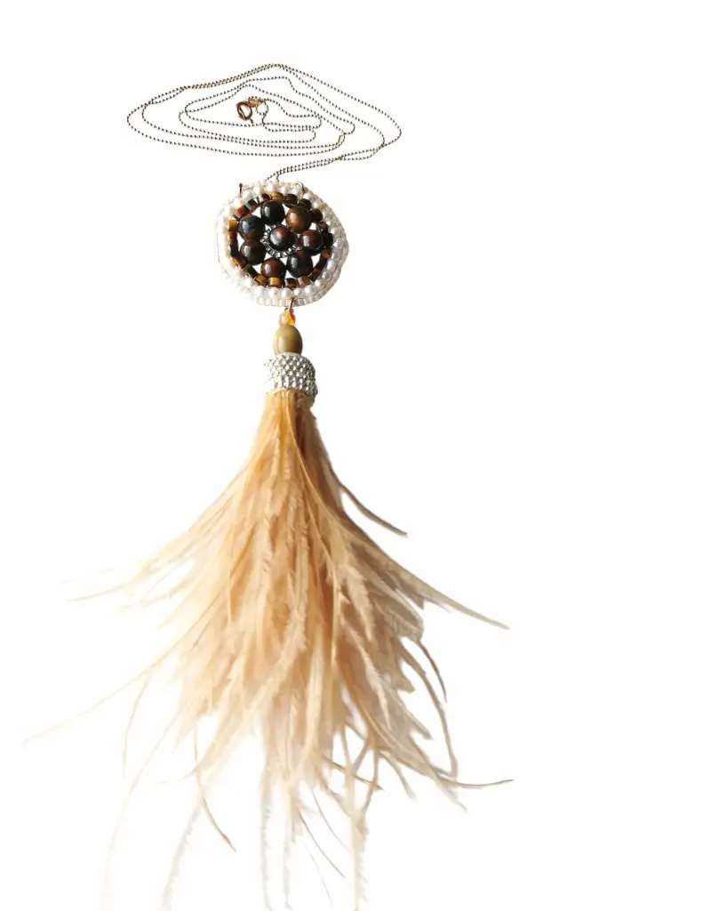 Beige & brown Ostrich feather and Gemstone necklace 