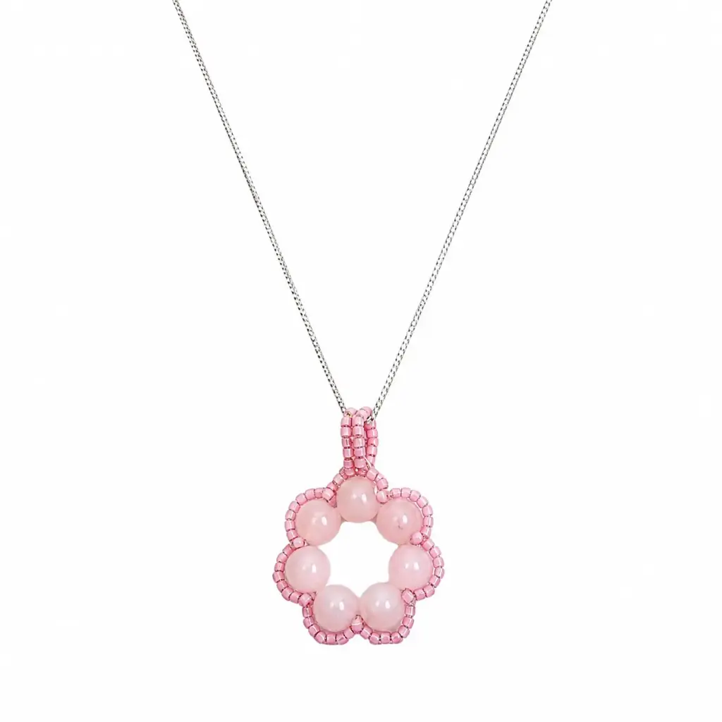 Blush Pink Beaded Flower Pendant Necklace