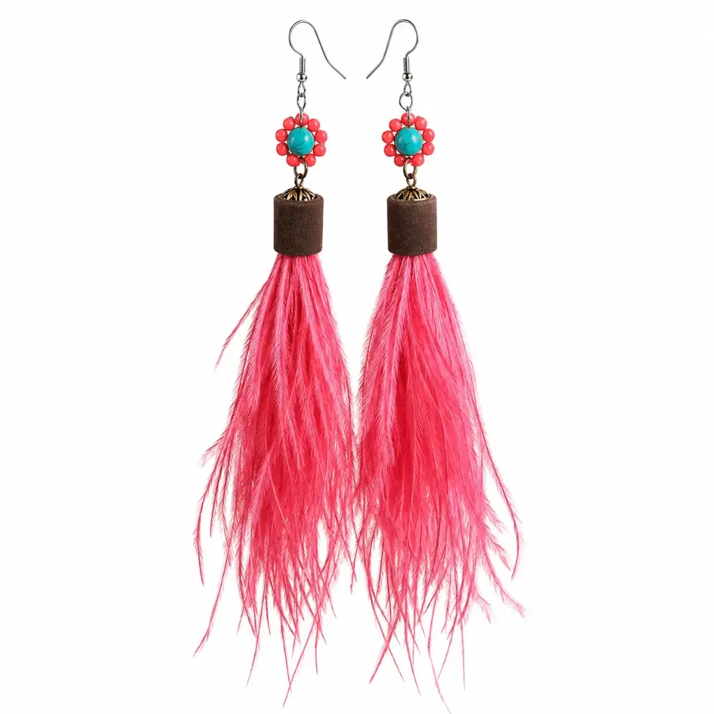 Coral bloom Ostrich Feather Earring