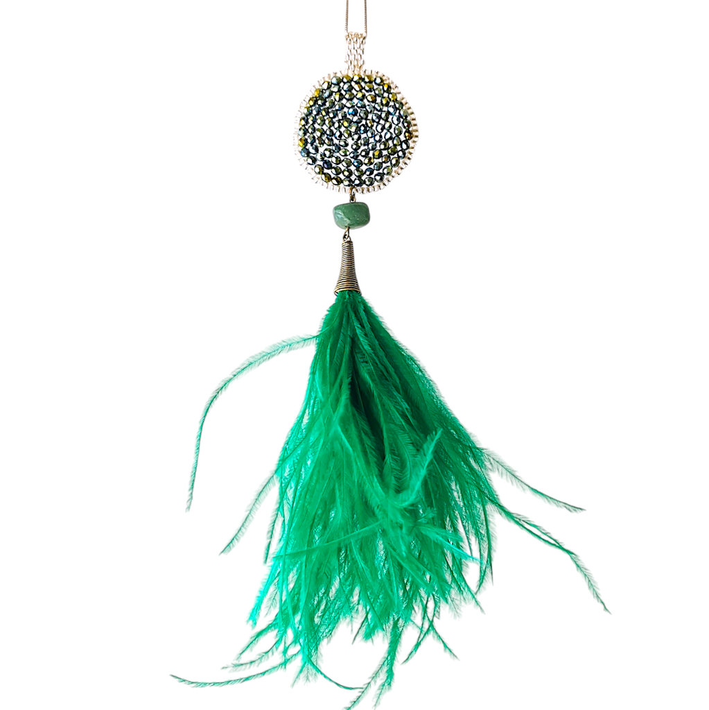 Greenish Crystal & Ostrich Feather Necklace