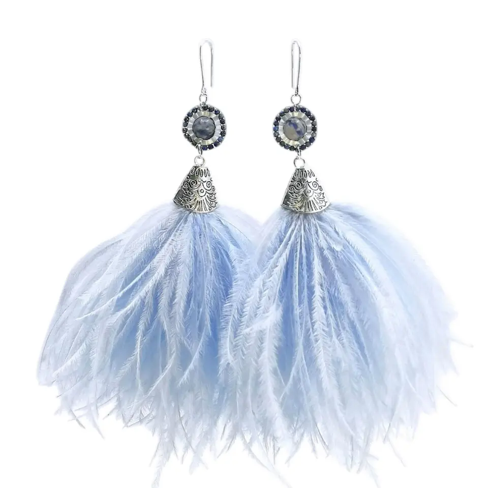 Lapis stone & Ostrich feather Earrings