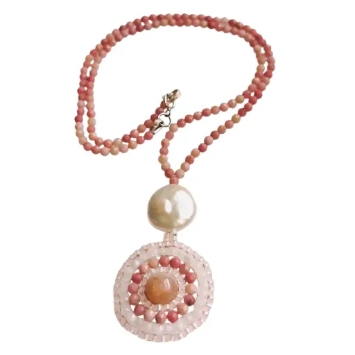Moonstone, Rihodochrosite & Baroque pearl necklace