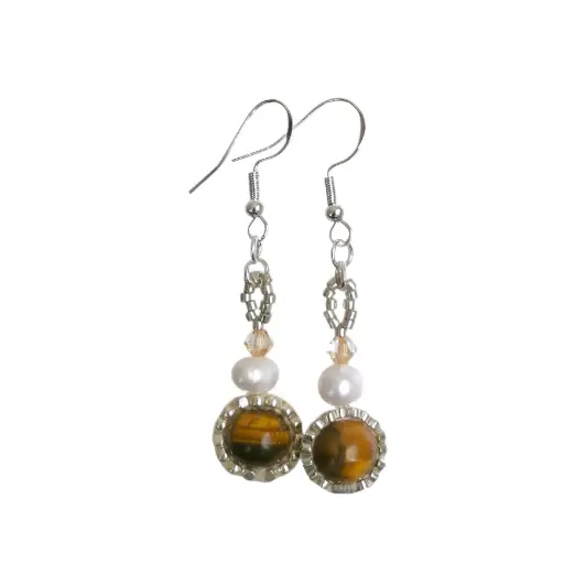 Pearl, Swarovski & Tiger's Eye Earrings