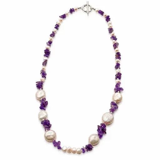 Knotted Amethyst Stone & Pearl Necklace