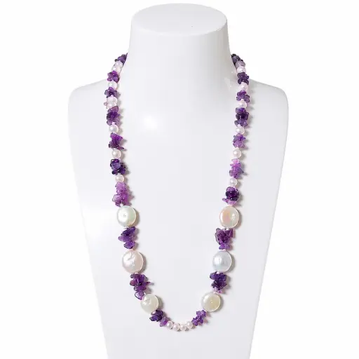 Knotted Amethyst Stone & Pearl Necklace