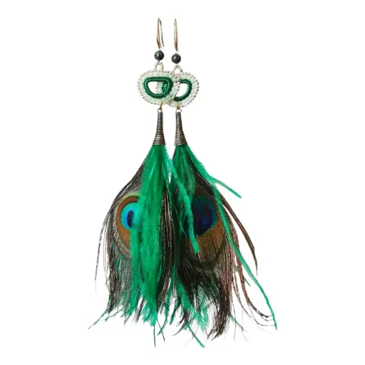 Luxurious Teal Statement Ostrich Feather & Peacock Earrings