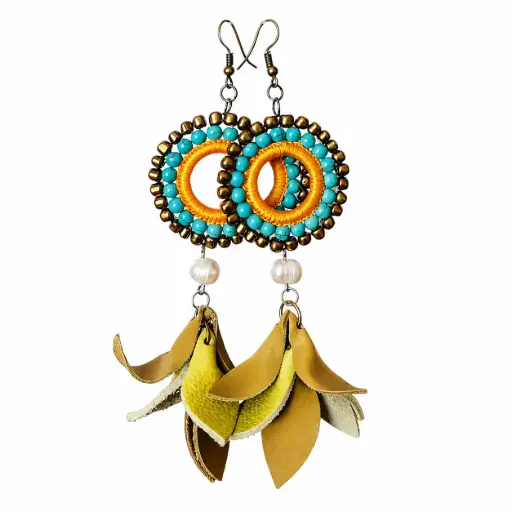 Turquoise Beaded Leather Tassel Earrings.