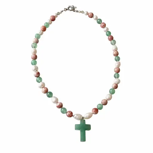 Multi-colour Gemstones necklace with a cross